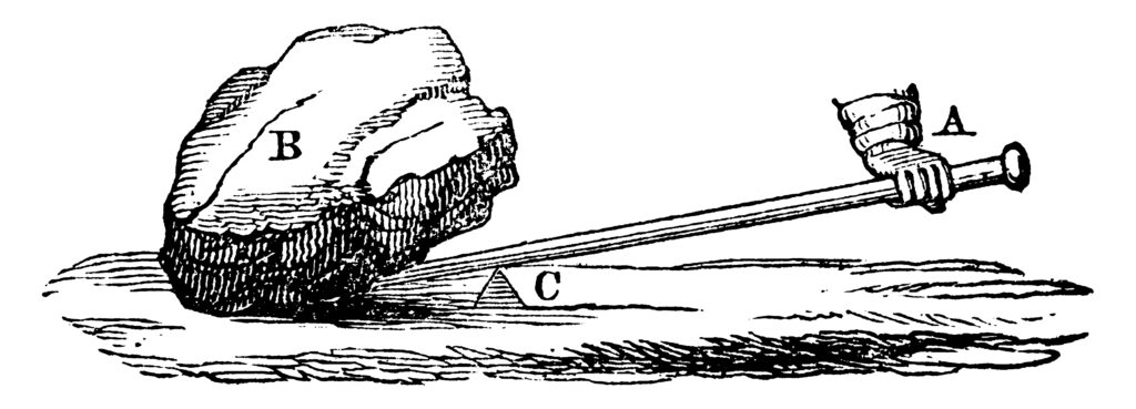 Any rod, or bar, which is used in lifting a weight, or surmounting a resistance, by being placed on a fulcrum, becomes a lever, vintage line drawing or engraving illustration.