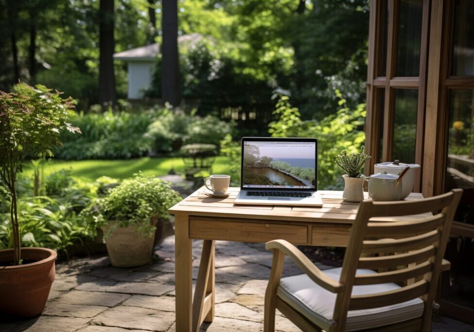 serene backyard office female marketer